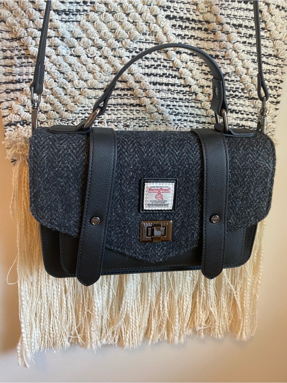 Harris Tweed Black Leather Satchel - Picture 2 of 6